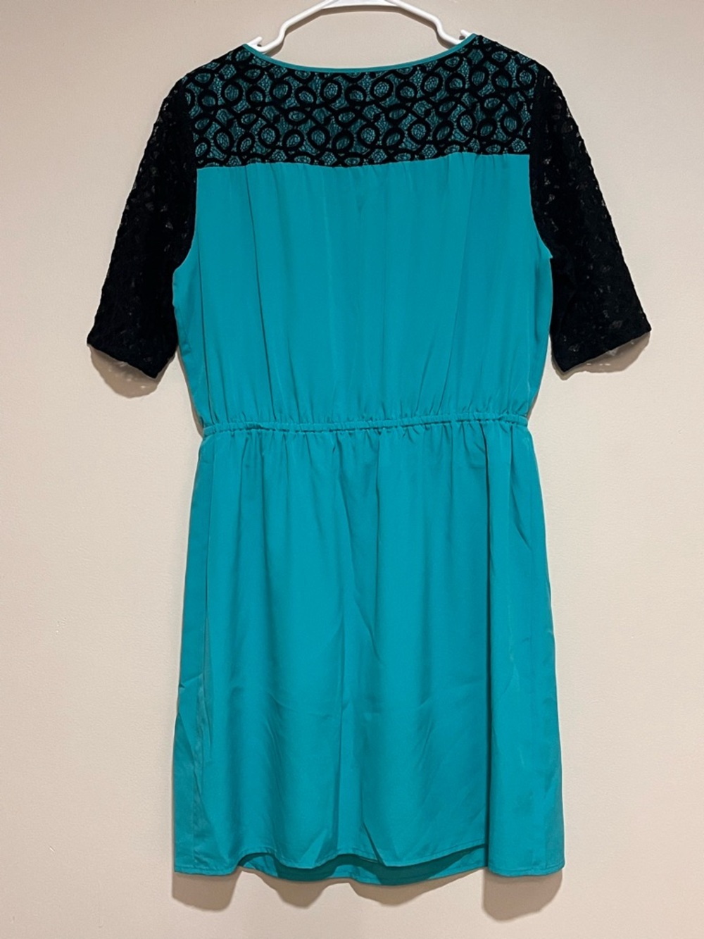 Gianna Bini | Blouson elastic waist mini dress Women’s size L turquoise & lace - Picture 4 of 6